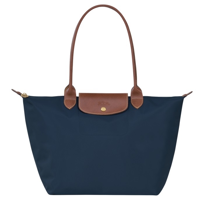 Longchamp Le Pliage Large Long Handle Tote Bag With Brown Cowhide Trimming - Navy
