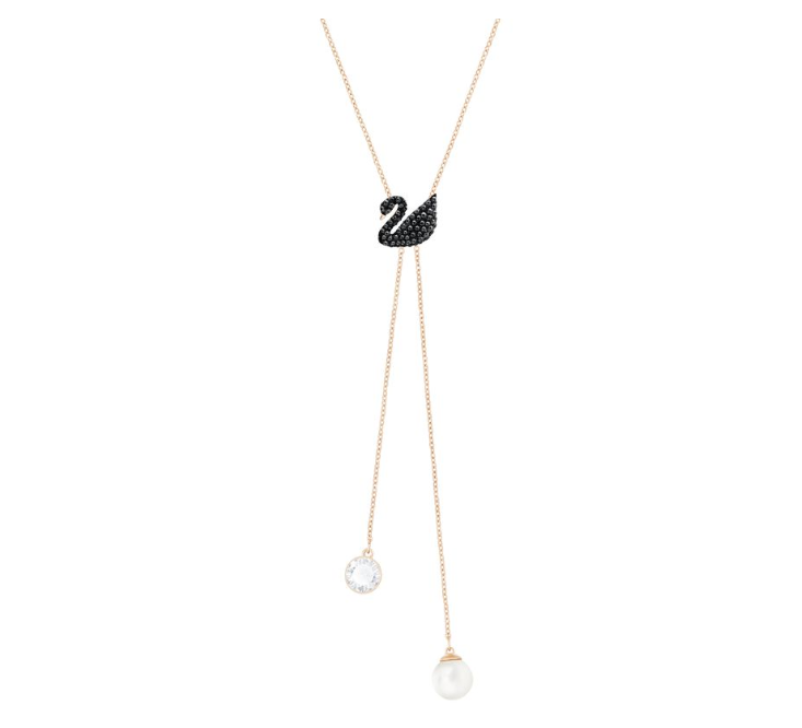 SWAROVSKI Iconic Swan Double Y Necklace Black, Rose Gold Plating
