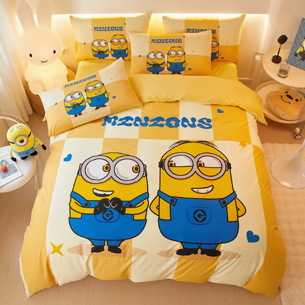 3 Pieces Minions Pattern Bedding Set: 1 Duvet Cover, 1 Flat Sheet, and1 Pillowcase
